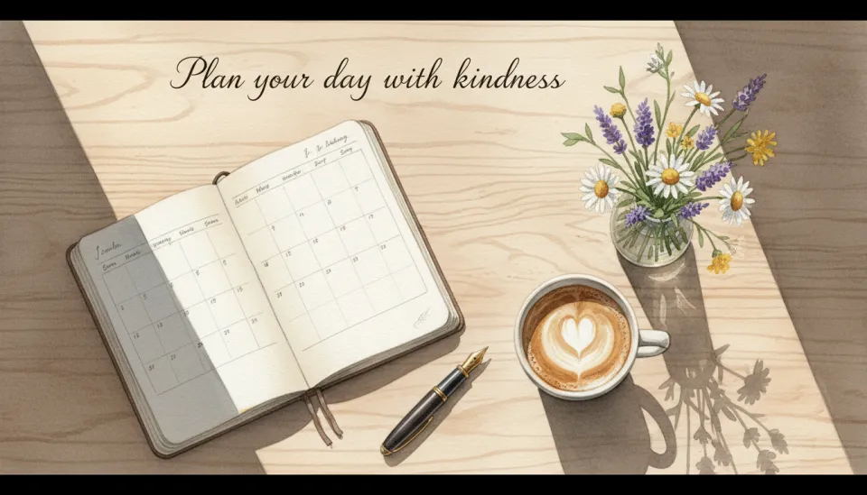 Watercolor still life composition showing a morning planning ritual, overhead view of a wooden table with an open notebook, a fountain pen, a cup of coffee with latte art, a small vase with fresh wildflowers, soft natural window light creating gentle shadows, warm beige and cream tones, cozy and organized atmosphere, high angle flat lay perspective, 35mm documentary style, inviting sense of calm preparation. Text overlay in elegant handwritten script: Plan your day with kindness