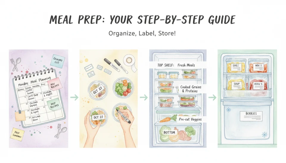 Watercolor illustration showing a step-by-step visual guide for meal prep organization, four connected panels in soft pastel colors: first panel shows a weekly meal planning calendar with handwritten notes and colorful sticky notes, second panel depicts hands labeling glass containers with dates using a marker, third panel shows a neatly organized refrigerator with stacked containers on different shelves, fourth panel illustrates a freezer drawer with labeled frozen meals in bags, gentle lavender and mint green color scheme, flat lay perspective, educational infographic style with simple text labels in clean sans-serif font, warm and encouraging atmosphere