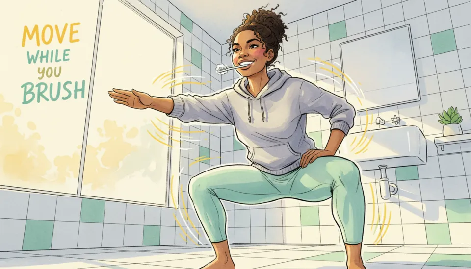 Full body illustration of a cheerful African woman in comfortable home clothes doing squats in a bright modern bathroom, toothbrush in mouth, one hand on hip, morning sunlight through frosted glass window, white tiles and mint green accents, playful and energetic vibe, low angle shot emphasizing strength, warm yellow and cool mint color palette, watercolor style with bold outlines and dynamic movement lines, text overlay in the corner reading MOVE WHILE YOU BRUSH in hand-lettered script