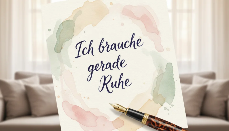 Watercolor illustration showing a close-up of a handwritten note on textured cream paper, the words "Ich brauche gerade Ruhe" written in gentle cursive script with a fountain pen lying beside it. Soft pastel colors—blush pink, sage green, warm beige—surround the note. In the blurred background, a cozy living room with soft cushions and a window with sheer curtains. The scene radiates gentle self-care and honest communication.