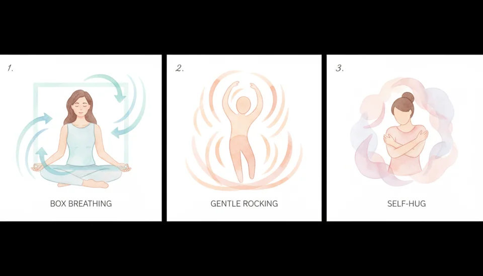 Watercolor infographic-style illustration showing three distinct panels arranged horizontally: Left panel shows a woman practicing box breathing with a subtle square shape overlay and flowing breath visualization in soft blues. Center panel depicts gentle rocking motion with curved movement lines in warm peach tones. Right panel shows a self-hug with comforting hand placement, surrounded by soft pink and lavender hues. Each panel has a small number (1, 2, 3) in elegant script. Clean, minimalist watercolor style with plenty of white space, educational yet warm and inviting.