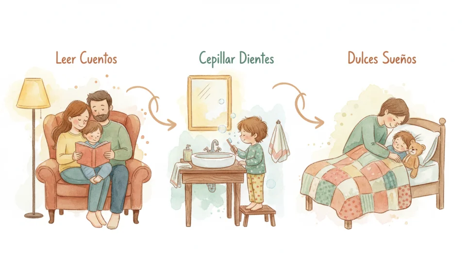 Illustrazione ad acquerello che mostra un delicato pannello informativo sulla routine della buonanotte, tre scene collegate: il pannello a sinistra mostra una famiglia spagnola che legge insieme su una comoda poltrona con luce di lampada calda, il pannello centrale raffigura un bambino che si lava i denti a un lavandino di legno con un morbido bagliore giallo, il pannello di destra mostra il rituale di coprire con un animale di peluche, dipinto in acquerelli caldi e terrosi con transizioni fluide tra le scene, la composizione complessiva suggerisce un progresso pacifico verso il sonno, include sottili frecce visive o indicatori di flusso, prospettiva intima in primo piano