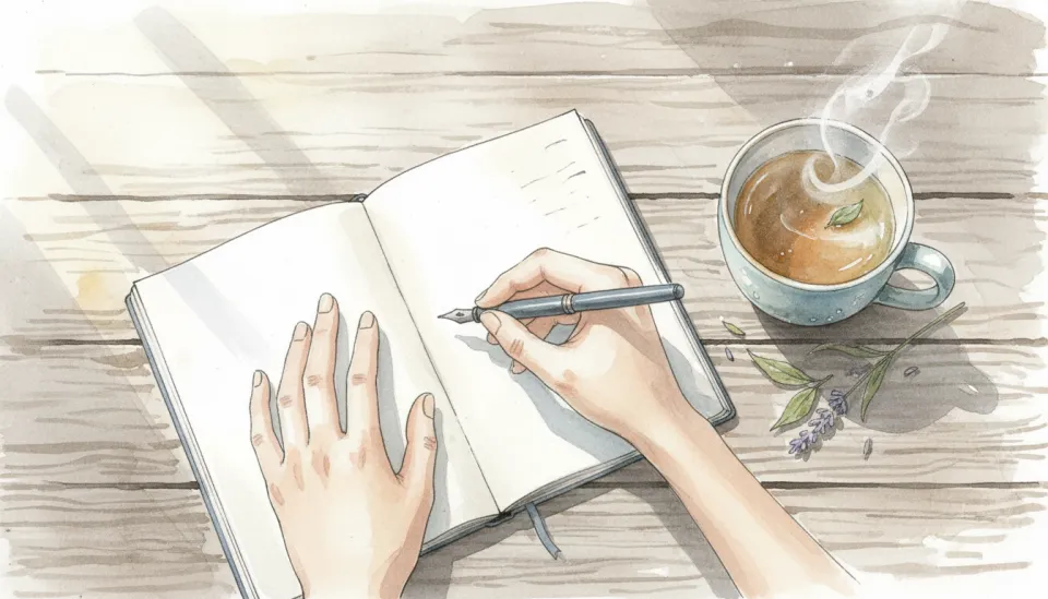 Watercolor illustration showing a close-up of a woman hands writing in a simple notebook on a wooden table, a steaming cup of herbal tea beside it, soft morning light from a nearby window, a sense of calm focus and mental clarity, muted beige and soft blue tones, shallow depth of field emphasizing the act of writing, peaceful and grounding atmosphere, top-down perspective