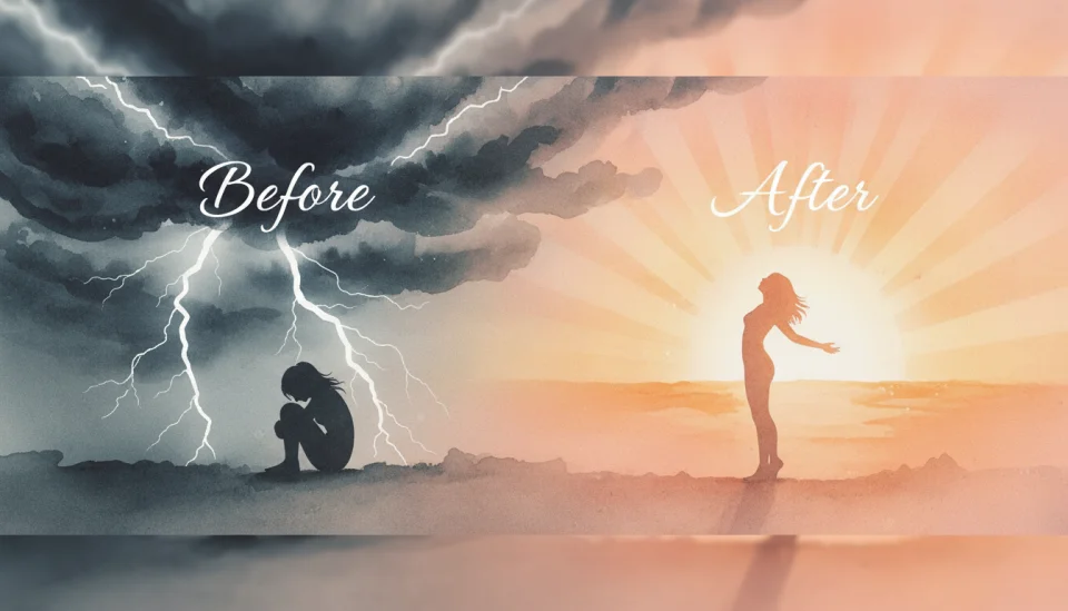 Watercolor educational illustration in reportage style showing a split-panel comparison, left side: dark stormy clouds with harsh lightning representing critical inner voice, right side: warm sunrise with gentle rays representing compassionate voice, center: silhouette of a woman transforming from hunched to upright posture, text overlay in elegant handwriting saying BEFORE and AFTER, color transition from grays and blacks to warm oranges and soft pinks, 35mm documentary feel, medium shot, educational infographic aesthetic, hopeful transformation theme