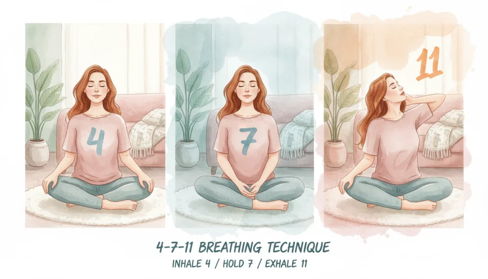 Watercolor instructional panel illustration showing the 4-7-11 breathing technique in three connected scenes: first panel shows a European woman with auburn hair breathing in (with gentle "4" appearing as a soft watercolor number), second panel shows her holding breath peacefully ("7" in calming blue), third panel shows her exhaling with visible relaxation ("11" in warm sunset orange), painted in a gentle step-by-step format like a mindful comic strip, soft color transitions between panels, cozy home setting visible in background with plants and soft textiles, painted with delicate brushstrokes and a soothing color palette of dusty rose, sage, and cream