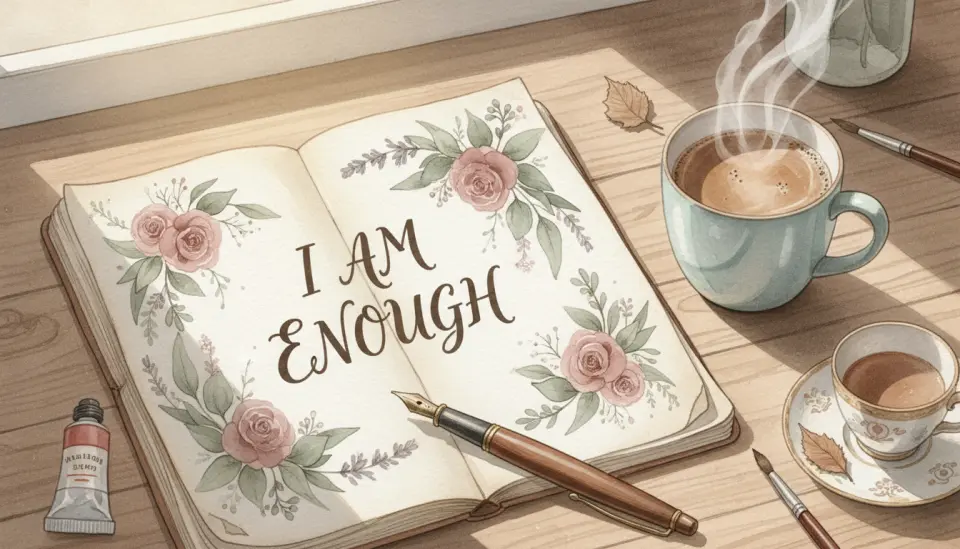 Watercolor illustration showing a journal page with handwritten text "I am enough" surrounded by soft floral elements in dusty rose and sage green, fountain pen resting on paper, morning coffee cup creating gentle steam wisps, window light casting delicate shadows, intimate desk scene with vintage aesthetic, muted pastel palette, visual representation of self-compassion practice and mindful affirmation rituals for mothers