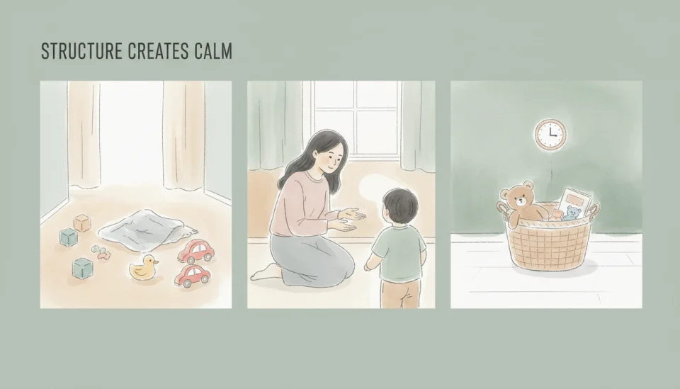 Watercolor illustration showing a simple step-by-step visual guide for setting boundaries with children, three connected panels in a horizontal flow: first panel shows scattered toys on floor in soft chaos, second panel shows a calm Asian mother kneeling at child eye level with gentle hand gesture explaining, third panel shows organized toy basket with a small clock symbol above indicating time consequence, muted pastel colors of sage green, soft gray and warm beige, clean composition with minimal details, educational yet warm and approachable style, text overlay in simple sans-serif font reading STRUCTURE CREATES CALM in the top corner