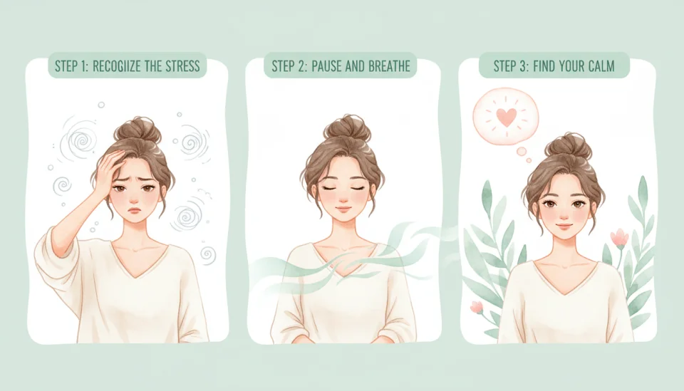 Watercolor illustration in a step-by-step panel style showing three distinct moments: first panel shows a stressed Asian mother with furrowed brow, second panel shows her taking a deep breath with closed eyes, third panel shows her smiling gently with a thought bubble containing a small heart, soft color palette of mint green, soft pink and cream, educational and uplifting mood, clean layout with gentle borders between panels
