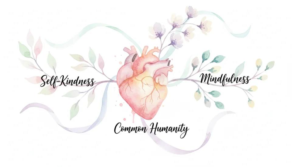 Illustrazione in stile infographic ad acquerello che mostra una dolce metafora visiva per l'auto-compassione: un cuore di acquerello in tonalità di rosa e oro al centro, circondato da tre rami flessuosi che rappresentano le tre colonne - un ramo con foglie delicate etichettato auto-gentilezza in calligrafia, un altro con piccoli fiori etichettato umanità comune, terzo con gemme delicate etichettate consapevolezza, tutti connessi da nastri d'acquerello morbidi in toni pastello blu e verdi, sfondo bianco, educativo ma caldo e artistico, composizione a medio primo piano, etichette scritte a mano leggibili integrate naturalmente nel design organico