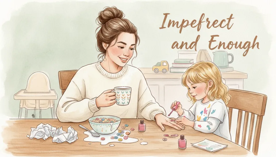 Illustrazione ad acquerello con testo a mano: una madre europea con capelli raccolti, seduta a un tavolo della cucina coperto di latte e cereali versati, che tiene una tazza di caffè fumante, la sua figlia in età prescolare le pittura le unghie con uno smalto rosa acceso, caos mattutino visibile ma entrambe sorridenti, palette verde salvia morbido e giallo burroso, ritratto ravvicinato a 85mm, profondità di campo ridotta che sfoca lo sfondo disordinato, testo sovrapposto dice