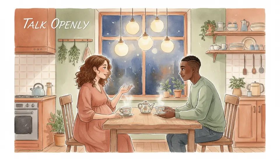 Watercolor illustration of a diverse couple having an intimate conversation in a cozy kitchen at evening, sitting at a wooden table with warm tea cups, soft pendant lighting creating a golden glow, the pregnant woman gesturing gently while her partner listens attentively, both showing open body language, warm terracotta and sage green tones, wide angle showing their comfortable home environment, emphasis on emotional safety and mutual understanding, delicate watercolor technique with soft edges and flowing colors, text overlay in elegant script reading TALK OPENLY in the upper corner