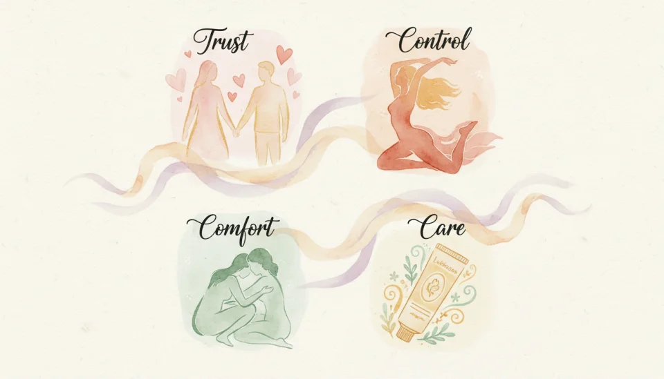 Illustration in watercolor style showing a visual guide with four gentle panels arranged in a square layout on textured paper background: top-left panel shows a couple holding hands with soft pink hearts floating, top-right shows a woman on top position silhouette in warm peach tones, bottom-left depicts side-by-side spooning position in sage green, bottom-right shows a lubricant tube with delicate botanical elements, each panel connected by flowing watercolor ribbons in cream and lavender, hand-lettered labels in elegant script reading Trust, Control, Comfort, Care, overall composition balanced and educational yet tender, soft color palette of blush, terracotta, mint, and honey