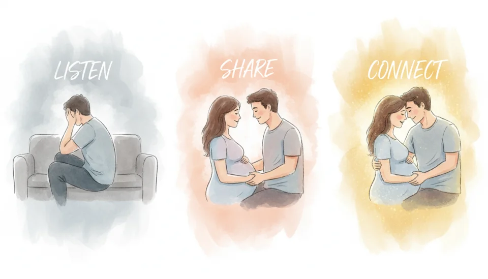 Watercolor illustration in a step-by-step panel format showing three stages of couple communication during pregnancy: first panel shows couple sitting apart looking uncertain with muted gray tones, second panel shows them turning toward each other with warming peach tones, third panel shows them embracing with vibrant golden light surrounding them, Portuguese couple with the woman visibly pregnant, reportage-style 35mm perspective capturing authentic moments, text overlay in elegant handwritten font reading LISTEN SHARE CONNECT, educational yet emotional atmosphere, encouraging and hopeful mood, soft edges and flowing transitions between panels