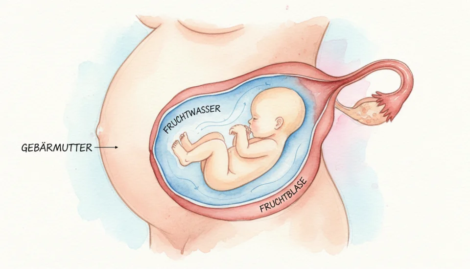 Educational watercolor diagram showing a cross-section view of a pregnant belly with baby safely nestled inside, surrounded by protective layers of amniotic fluid and uterine wall, rendered in soft anatomical pinks, warm beiges and translucent blues, gentle medical illustration style with labeled elements in handwritten script: FRUCHTBLASE, FRUCHTWASSER, GEBÄRMUTTER, clear and reassuring visual communication, wide composition showing the complete protective environment, warm educational tone