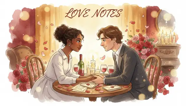 Whimsical watercolor illustration showing intimate couple scene, African woman and European man sitting at candlelit dinner table with soft focus background, handwritten love letters and rose petals scattered on table, warm golden and deep red color palette, romantic vintage atmosphere, medium wide shot, 50mm lens aesthetic, dreamy bokeh effect, text overlay reading LOVE NOTES in elegant script font, nostalgic and tender mood