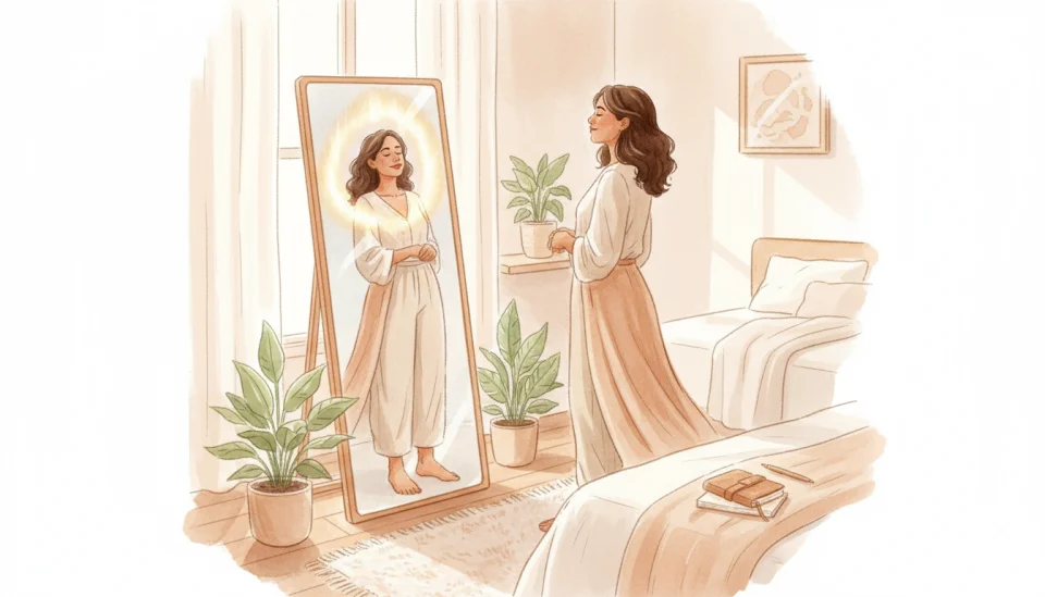 Watercolor illustration showing a visual metaphor for self-acceptance: a woman of South American descent standing in front of a full-length mirror in a softly lit bedroom, morning light, warm peach and cream tones, her reflection surrounded by gentle golden light, potted plants nearby, comfortable clothing, peaceful expression, journal and pen on bedside table, intimate moment of self-reflection, empowering atmosphere, soft shadows, personal growth symbolized through light, tender self-compassion, detailed facial features showing strength and vulnerability