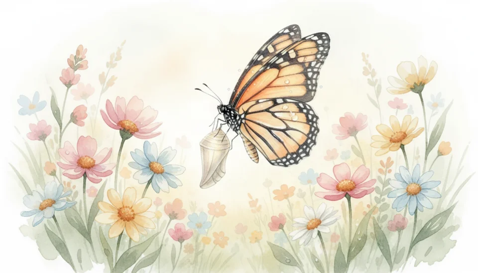 Soft watercolor illustration in gentle pastel tones showing a visual metaphor for acceptance and transformation: a butterfly emerging from a chrysalis surrounded by blooming wildflowers in soft pinks, yellows and blues, morning dew drops catching light, painted with delicate translucent layers, the scene symbolizing growth, change and natural beauty, set in a meadow with soft focus background, evoking feelings of hope, renewal and embracing life transitions