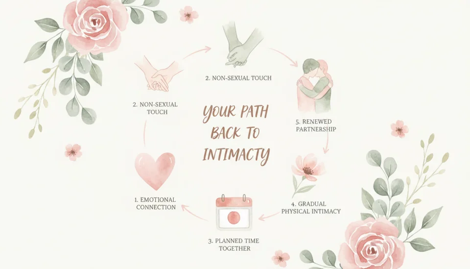 Watercolor infographic illustration showing a gentle step-by-step visual guide titled "Your Path Back to Intimacy" with soft hand-drawn elements, five simple icons representing stages: a heart for emotional connection, hands holding for non-sexual touch, a calendar for planned time together, a flower blooming for gradual physical intimacy, and two figures embracing for renewed partnership, painted in soft blush pink and sage green watercolors with delicate line work, organized in a flowing circular or spiral composition suggesting gradual progression, text in elegant handwritten style, overall aesthetic warm and encouraging, flat lay perspective with botanical accents around the edges