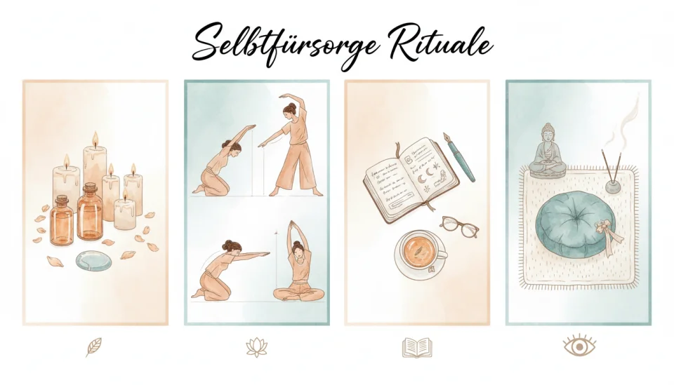 Watercolor illustration in soft teal, warm peach and cream showing a step-by-step visual guide with four delicate panels, each depicting simple self-care rituals for intimate wellness: panel 1 shows aromatic oils and candles, panel 2 depicts gentle stretching poses, panel 3 illustrates a journal with thoughtful notes, panel 4 shows a peaceful meditation space, painted with transparent washes and clear separations between panels, instructional infographic style, wide flat layout from above, deep focus with clean composition and readable visual flow, text labels reading Selbstfürsorge Rituale in elegant handwritten style
