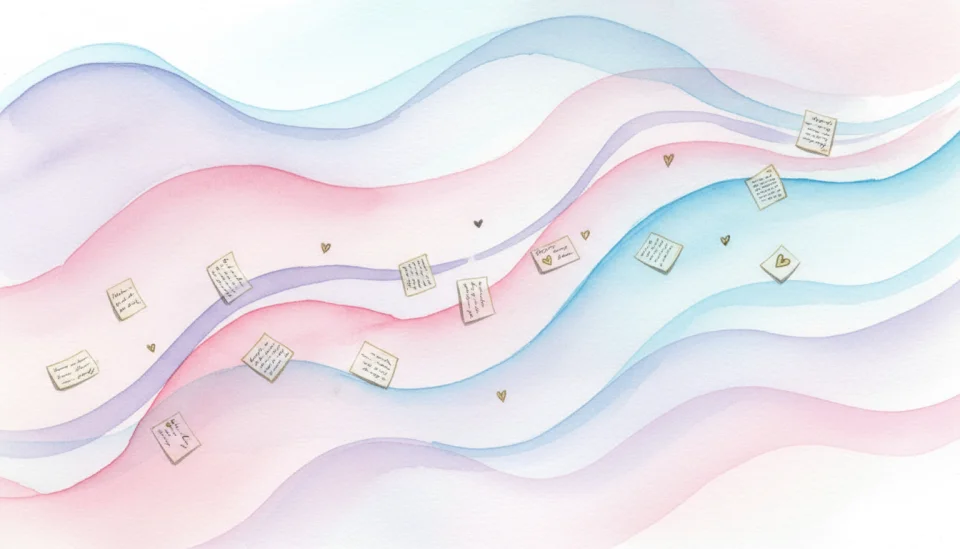 Watercolor illustration showing a creative visual metaphor: flowing waves of gentle color gradients in soft pink, blue and lavender representing communication and connection, with small handwritten notes and heart symbols floating within the waves, conceptual art style with delicate brush strokes, dreamy and abstract atmosphere, representing the flow of intimate conversation, high angle perspective, soft focus creating a meditative mood