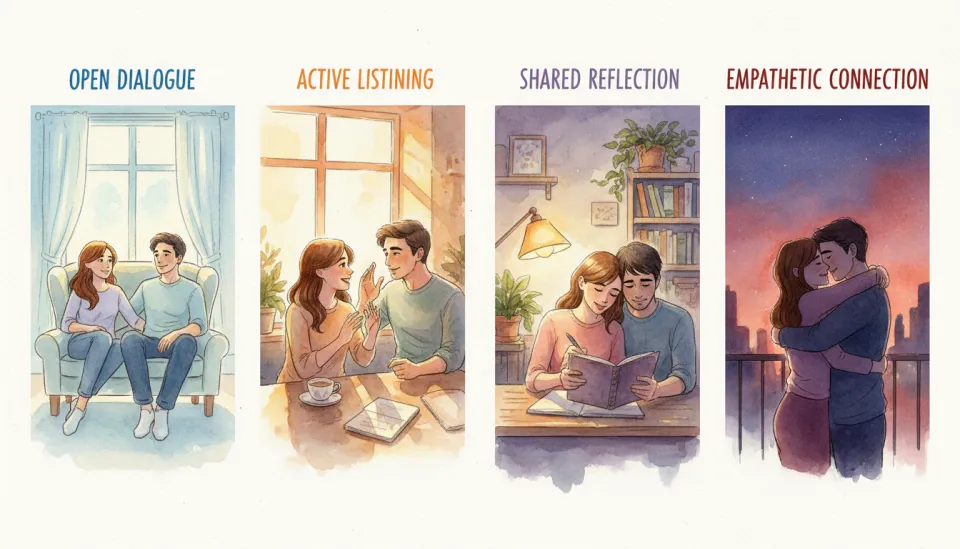 Watercolor step-by-step visual guide showing four panels of communication techniques for couples, first panel shows a couple sitting face to face with open body language in soft morning light, second panel depicts active listening with one partner nodding empathetically in warm afternoon glow, third panel illustrates a couple writing together in a journal at a wooden table with gentle lamplight, fourth panel shows them embracing with relieved smiles in evening twilight, color palette transitions from cool morning blues to warm evening oranges, educational yet emotional watercolor style with clear visual storytelling, each panel distinct in setting and mood