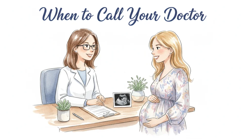 Watercolor illustration with text overlay showing a medical consultation scene, a friendly female doctor with glasses and a white coat sitting at a desk, across from her a pregnant woman with blonde hair in a casual dress, both smiling warmly, a clipboard and ultrasound image visible on the desk, the text reads When to Call Your Doctor in elegant hand-lettered script at the top, soft blue, lavender, and warm beige tones, the mood is reassuring and professional, painted with transparent layers and gentle details