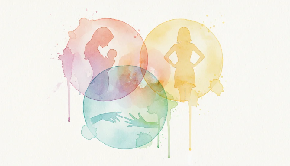 Watercolor illustration showing three overlapping translucent circles in soft watercolor washes, each circle containing delicate symbols: one with a mother holding a baby silhouette, one with two hands reaching toward each other, one with a feminine figure in a confident pose, the circles blending where they overlap in beautiful gradient transitions of rose, teal, and golden yellow, ethereal and abstract, suggesting the integration of multiple identities, painted with flowing, organic brushstrokes, light and hopeful atmosphere