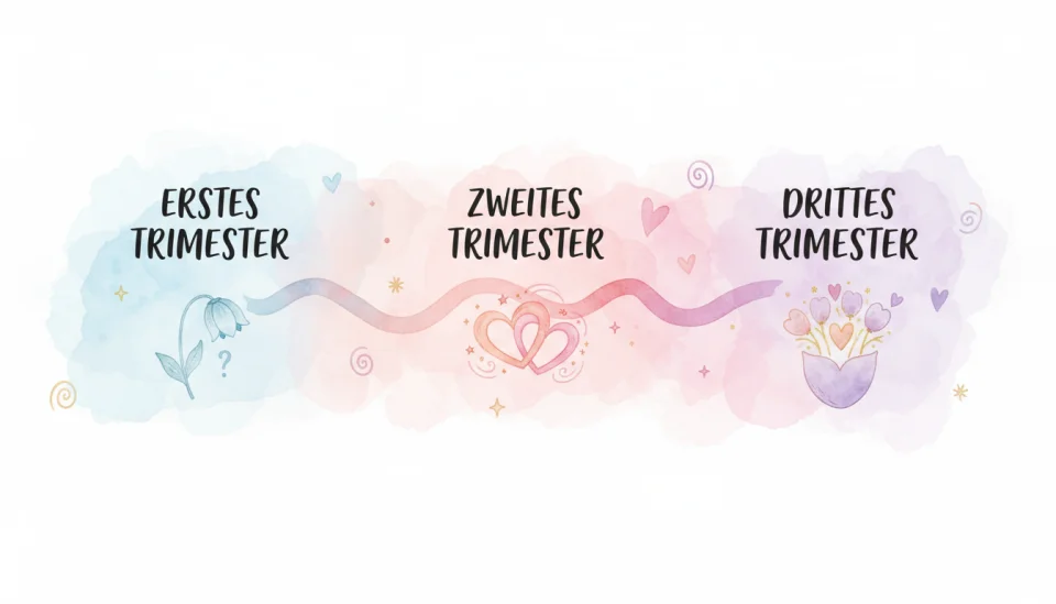 Educational infographic illustration in watercolor style showing a timeline of pregnancy trimesters with icons representing changing libido levels, soft pastel colors transitioning from cool blues (first trimester) through warm pinks (second trimester) to gentle purples (third trimester), clean modern design with hand-lettered labels in German reading ERSTES TRIMESTER, ZWEITES TRIMESTER, DRITTES TRIMESTER, decorative elements like hearts and stars, horizontal composition suitable for blog content