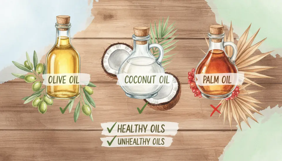 Watercolor educational infographic panel showing three glass bottles with different oil types, each labeled clearly with CHECK or X marks, arranged on a wooden surface with botanical elements like coconut and almond branches, top-down view with natural daylight, educational yet warm aesthetic, medium shot with clear visual hierarchy