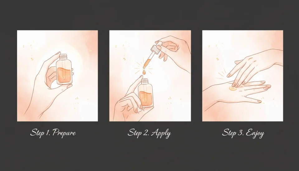 Panneau éducatif d'illustration aquarelle montrant un guide d'application étape par étape, palette de couleurs chaudes avec des tons corail doux et crème, trois scènes séquentielles : mains tenant la bouteille, appliquant une petite dose sur les doigts, geste d'application délicat, style de ligne simple avec lavis aquarelle, ton instructif mais intime, composition en plan moyen, éclairage éducatif doux, atmosphère rassurante et responsabilisante, inclut des étiquettes de texte subtiles en écriture élégante : Étape 1 Préparer, Étape 2 Appliquer, Étape 3 Profiter