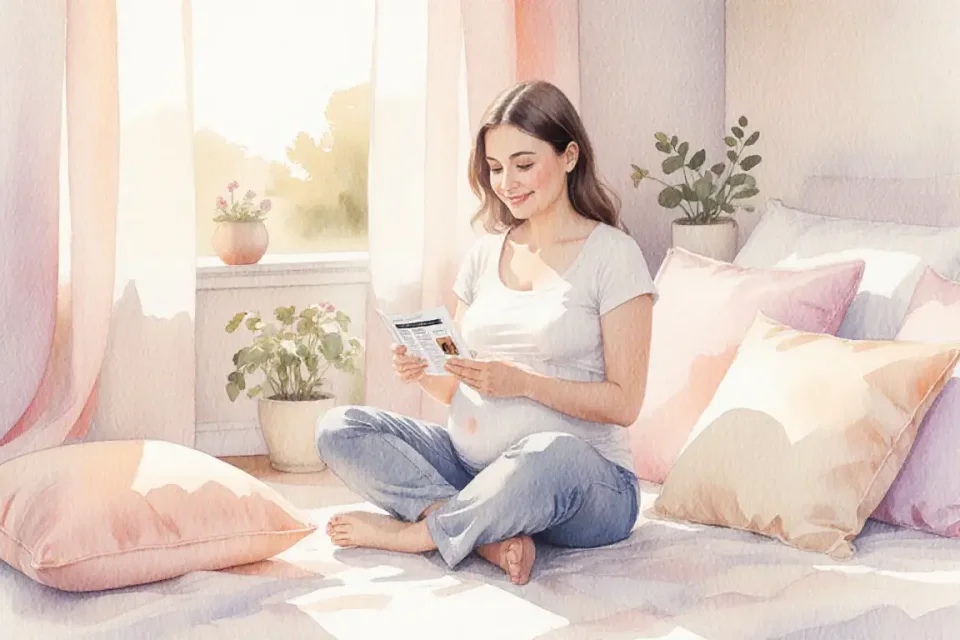 Watercolor illustration of a pregnant woman in her second trimester sitting cross-legged on a sunlit bedroom floor at golden hour, surrounded by soft pastel pillows in blush pink and cream tones, gently reading product labels with a peaceful smile, warm afternoon light streaming through sheer curtains creating a dreamy glow, botanical plants in ceramic pots nearby, intimate and serene atmosphere, soft focus on background, gentle color palette of peach, lavender, and warm whites, evoking safety and informed choice