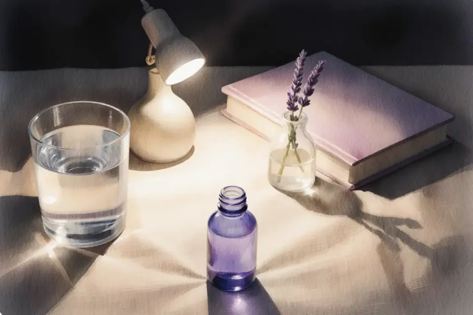 Overhead watercolor still life composition of a nightstand setup for intimacy, shot from directly above, featuring a small glass bottle of lubricant on natural linen fabric, surrounded by a glass of water, soft reading light with warm glow, a small vase with single lavender sprig, and a pregnancy journal with soft cover, evening ambiance with gentle shadows, color palette of cream, soft lavender and warm gold, shallow depth of field, evoking preparation and mindful self-care