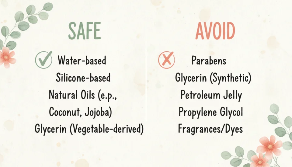 Watercolor infographic illustration showing a simple comparison chart of safe versus unsafe lubricant ingredients, arranged as two columns with checkmarks and crosses, soft educational style with hand-drawn elements, pastel color scheme of sage green for safe items and soft coral for items to avoid, clean layout with gentle watercolor textures, small botanical decorative elements in corners, text labels clearly visible reading SAFE and AVOID, warm natural lighting, informative yet approachable aesthetic