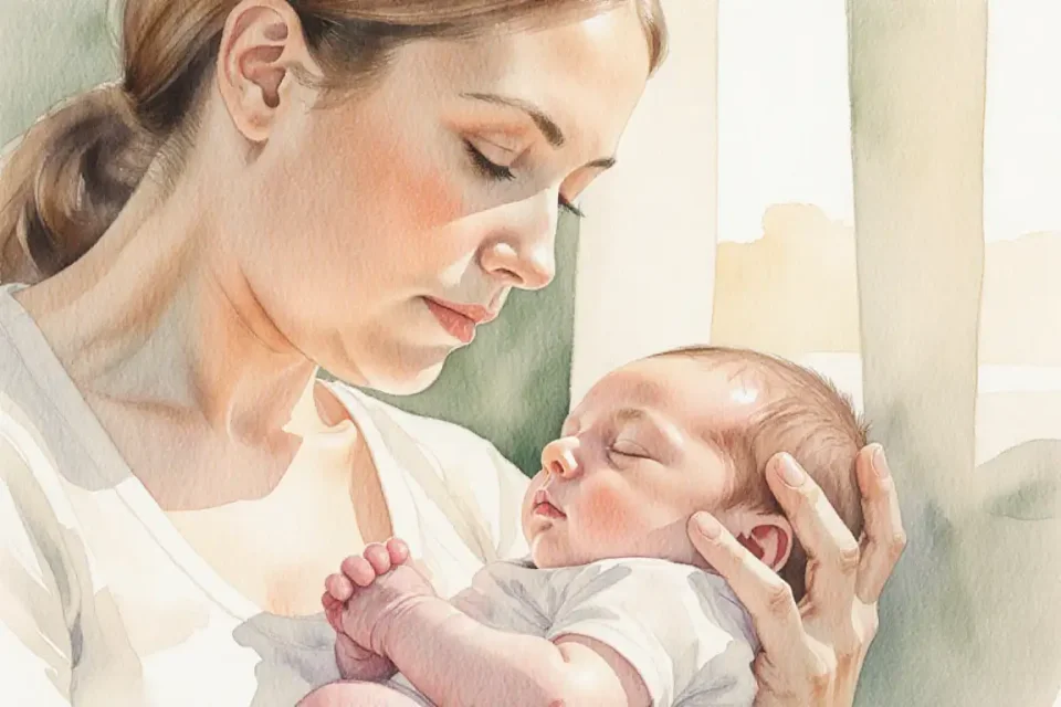 Watercolor painting in soft peach, cream and sage green tones showing an intimate close-up of a mother cradling her newborn during feeding time in warm morning light streaming through sheer curtains, gentle shadows dancing on peaceful faces, tender hands supporting tiny head, atmosphere of complete serenity and connection, shallow depth of field focusing on intertwined fingers, delicate brushstrokes creating dreamy ethereal quality, golden hour glow illuminating the tender moment
