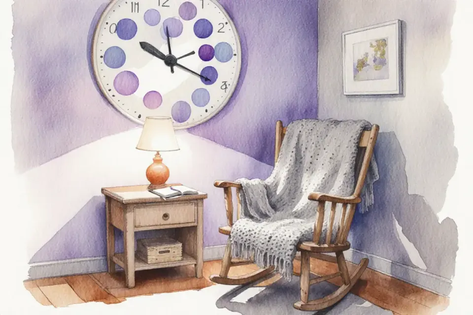 Watercolor illustration in muted lavender, soft grey and warm terracotta depicting a cozy nursery corner at twilight, wall clock showing feeding schedule times represented by gentle watercolor circles, wooden rocking chair with knitted blanket, soft lamp casting amber glow, journal and pen on side table suggesting routine tracking, peaceful organized atmosphere, medium shot with 50mm perspective, textures of wood grain and fabric visible through translucent washes