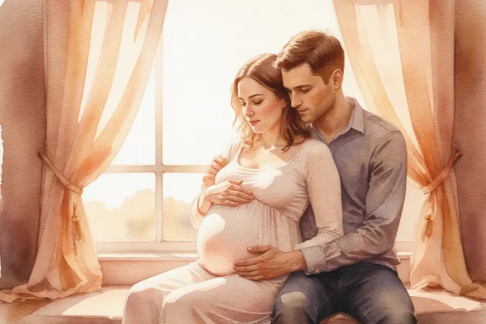 Watercolor illustration of a pregnant couple sitting close together on a cozy window seat at golden hour, soft amber light streaming through sheer curtains, the partner gently placing their hand on her belly while she leans into their shoulder, warm peach and honey tones, intimate and peaceful atmosphere, delicate brush strokes creating a dreamy, tender moment of connection and anticipation
