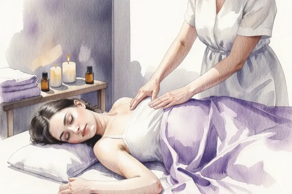 Soft watercolor scene of hands gently massaging a pregnant woman back, she is lying on her side on a bed covered with lavender sheets, warm candlelight creating dancing shadows on the walls, essential oil bottles and soft towels nearby, muted purple and cream tones, peaceful spa-like atmosphere, intimate care and tenderness captured in flowing brush strokes