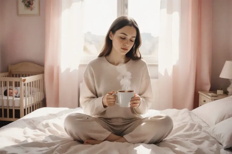 A suave luz da manhã filtra por cortinas finas em um quarto aconchegante, onde uma jovem mãe europeia está sentada de pernas cruzadas em uma cama amarrotada, segurando uma caneca de chá fumegante com ambas as mãos, olhos suavemente fechados, expressão pacífica e serena, tons pastéis suaves de rosa blush e creme quente, texturas delicadas de aquarela, atmosfera de cuidado pessoal quieto e introspecção amorosa, profundidade de campo rasa, perspectiva íntima em close-up, sensação de lente 35mm, bokeh suave ao fundo com indícios de um bebê dormindo em um berço, humor geral de aceitação calma e força suave.