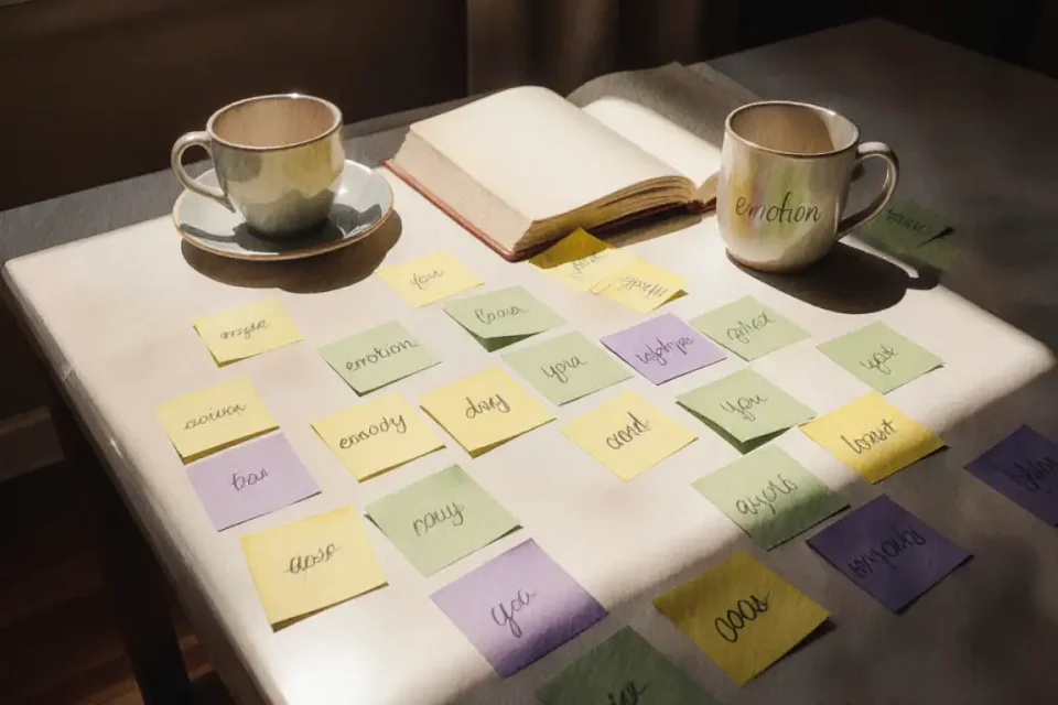 Visão de ângulo amplo de uma mesa de cozinha com luz do sol, coberta com notas adesivas coloridas, cada uma contendo uma única palavra de emoção em uma suave caligrafia manuscrita, uma caneca de cerâmica e um diário aberto ao lado, luz quente da tarde criando sombras suaves, paleta de aquarela em amarelos suaves, verdes sálvia e lavanda, atmosfera de reflexão atenta e consciência emocional, profundidade de campo profunda mostrando toda a cena, sensação de lente de reportagem de 24mm, humor geral de curiosidade gentil e autodescoberta