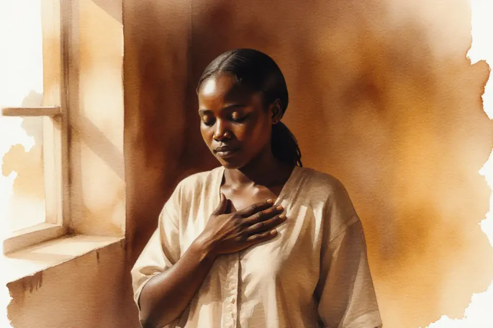 Retrato íntimo de uma jovem mãe africana em roupas caseiras suaves, uma mão suavemente colocada sobre seu coração, olhos fechados, expressão de ternura e auto-compaixão, fotografada de um ângulo ligeiramente baixo para transmitir força e dignidade, luz quente da hora dourada de uma janela próxima, texturas de aquarela em tons ricos da terra e ocre suave, profundidade de campo rasa com foco suave ao fundo, sensação de lente de retrato de 85mm, atmosfera de coragem tranquila e autoaceitação, humor geral de calor fundamentado