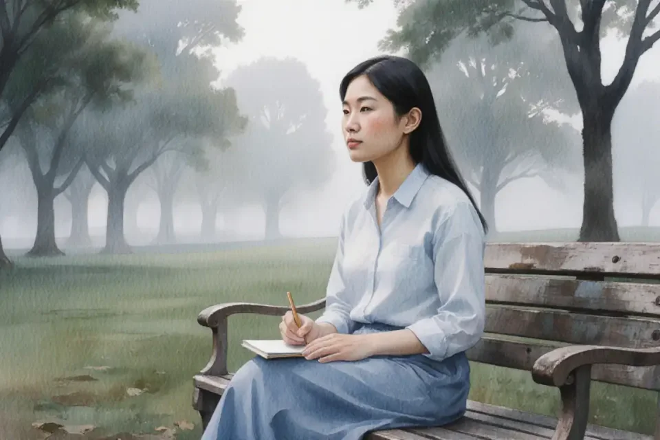 Cena serena ao ar livre de uma jovem mãe asiática sentada em um banco de madeira desgastado em um parque tranquilo, a névoa da manhã suavemente borrando as árvores ao fundo, ela segura um pequeno caderno e olha com concentração para o horizonte, luz suave difusa, paleta de aquarela em azuis nebulosos, cinzas suaves e verdes gentis, atmosfera de solidão pacífica e suave autorreflexão, plano médio amplo com sensação de lente de 35mm, profundidade de campo profunda mostrando o ambiente tranquilo, humor geral de renovação esperançosa e força tranquila.