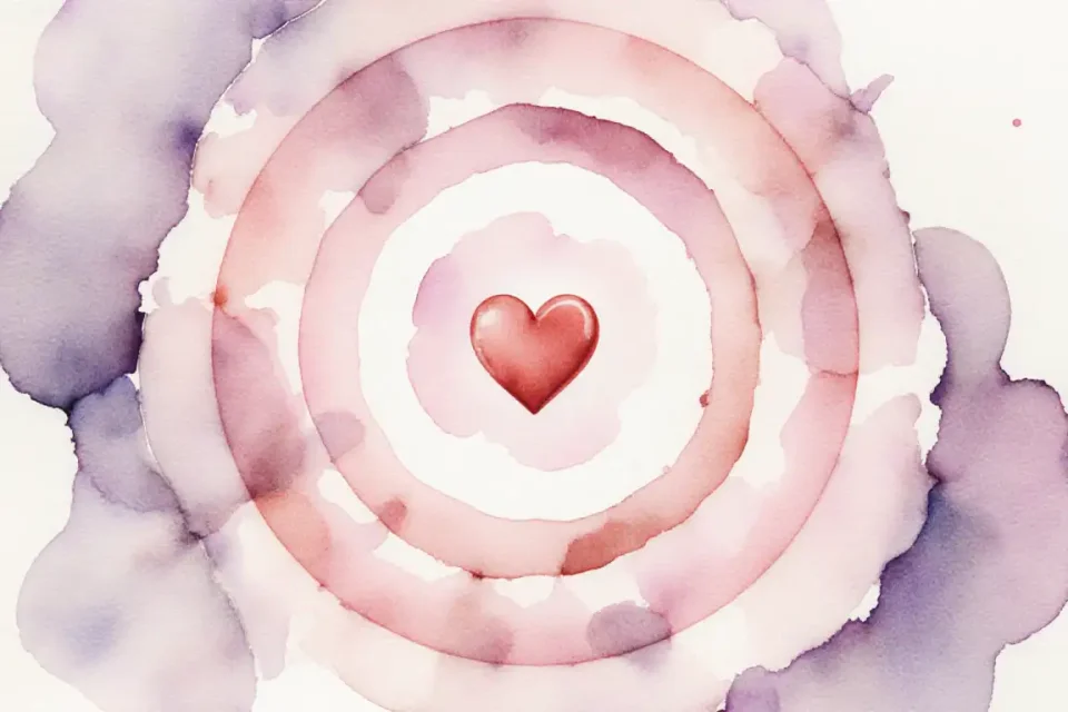 Delicate watercolor painting in soft rose and lavender hues depicting an abstract visualization of a tiny beating heart as rhythmic concentric circles of light and color radiating outward, surrounded by gentle flowing organic shapes suggesting protective warmth, painted with loose transparent washes and fine detail in the center, creating a sense of life force and energy, composition centered with soft vignette edges, evoking awe and connection