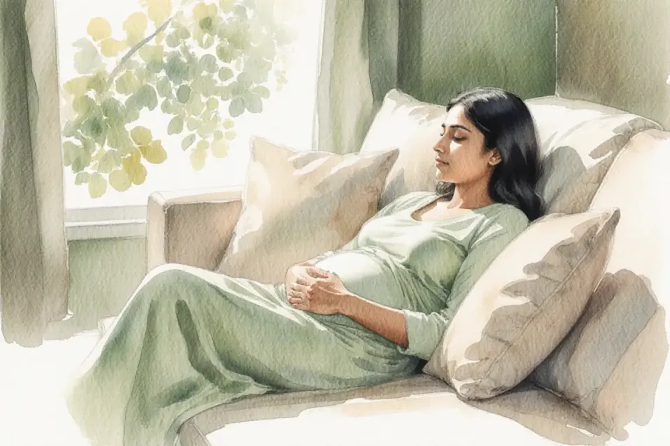Gentle watercolor scene in soft sage green and warm beige tones showing a pregnant woman of South Asian descent resting peacefully on a comfortable couch with cushions, afternoon sunlight creating dappled patterns through leaves visible through a nearby window, her hand resting gently on her belly, painted with flowing brushstrokes and soft focus, creating a serene and restful mood, medium shot from the side, evoking self-compassion and the importance of rest
