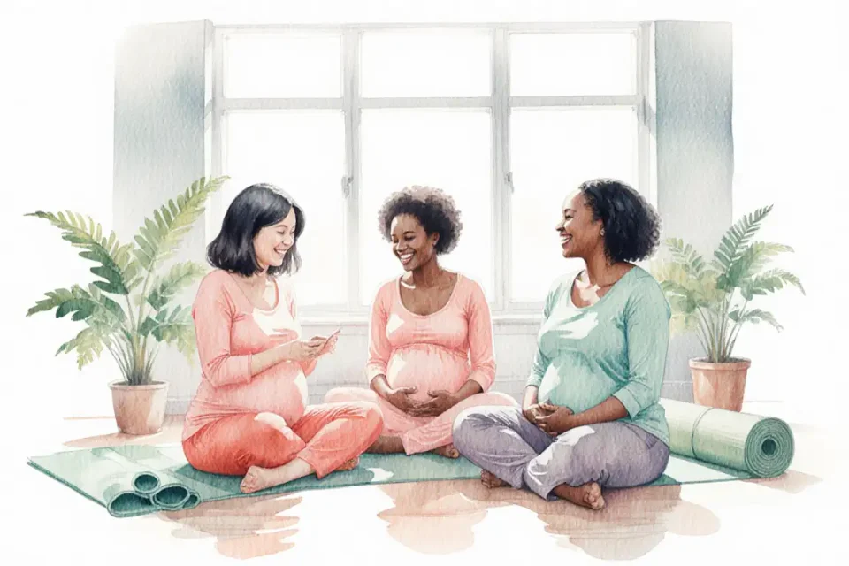 Warm watercolor illustration in soft coral and mint tones showing a diverse group of three pregnant women of different ethnicities (one East Asian, one African, one European) sitting together in a bright yoga studio with large windows, sharing stories and laughing gently, yoga mats rolled beside them, potted ferns in the background, painted with loose expressive brushstrokes and natural light, creating a sense of community and support, wide angle view, evoking connection and shared experience