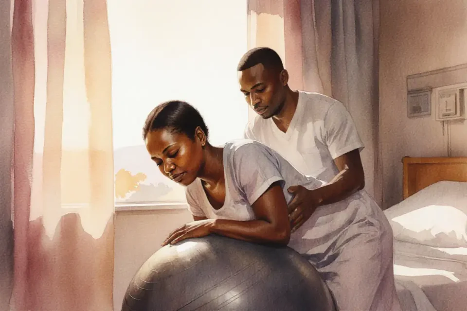 Watercolor scene of an African woman in active labor leaning forward on a large birthing ball in a softly lit hospital room at dawn, her partner supporting her from behind, warm golden light streaming through sheer curtains, peaceful expression on her face, color palette of warm ochre, soft grey and gentle rose, medium shot from eye level, shallow depth of field focusing on the woman, atmosphere of strength and intimacy, delicate brushstrokes creating a sense of movement and calm