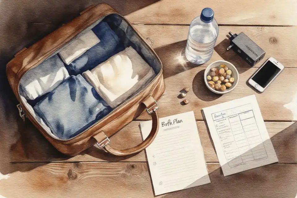 Watercolor still life composition on a wooden table showing a neatly packed hospital bag with soft baby clothes, a water bottle, snacks, phone charger and a handwritten birth plan on cream paper, late afternoon light casting gentle shadows, color palette of warm caramel, soft denim blue and cream, overhead view with 35mm lens perspective, deep depth of field capturing all details, atmosphere of calm preparation and anticipation, delicate brushwork creating texture and warmth