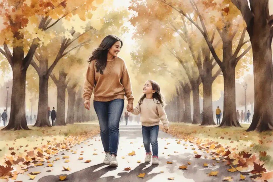 Low angle perspective of a Hispanic mother and young daughter walking hand in hand through a tree-lined park path in autumn, leaves in golden yellows and burnt oranges falling gently around them, both wearing comfortable sweaters and sneakers, daughter looking up at mother with joy, soft watercolor technique with warm amber and honey tones, dappled sunlight filtering through branches, 35mm reportage style capturing movement and connection, background softly blurred showing other families in distance, creating a sense of peaceful outdoor escape and quality time