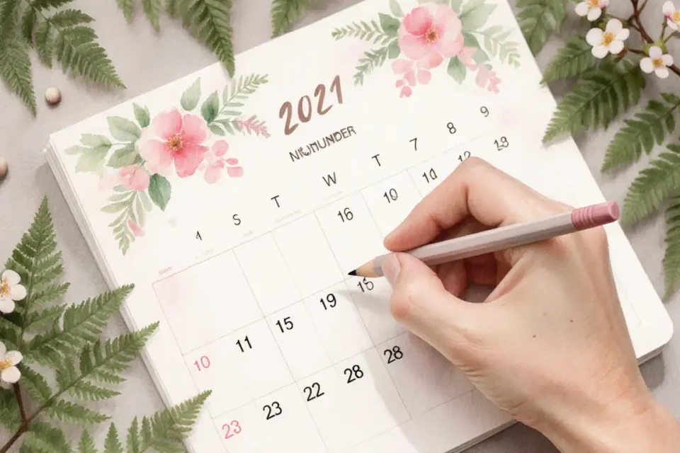 Watercolor scene of a calendar page with soft floral decorations, delicate pink and green hues, a gentle hand marking a date with a pastel pencil, botanical elements like fern leaves and small blossoms framing the edges, warm afternoon light, close-up shot, shallow focus on the marked date, intimate and hopeful atmosphere, soft textures, 85mm portrait lens feel, dreamy and tender mood