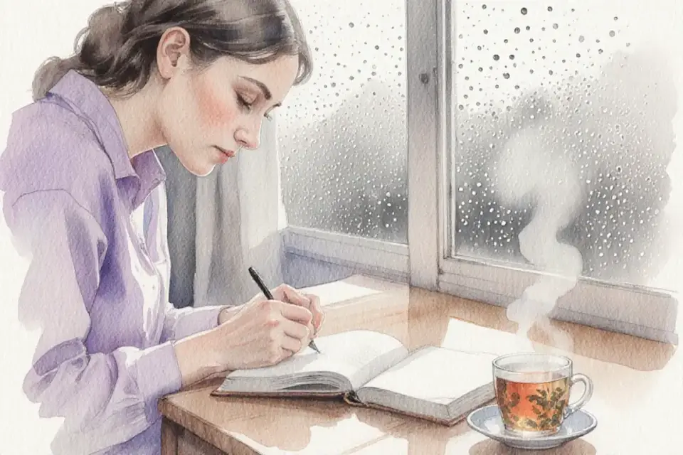 Watercolor scene of a woman writing in a journal at a wooden desk near a rain-speckled window, soft gray and lavender tones, a steaming cup of herbal tea beside her, raindrops on glass, reflective and introspective mood, close-up shot focusing on her hands and the open journal, 50mm lens feel, gentle depth of field, quiet and contemplative atmosphere, delicate brush work