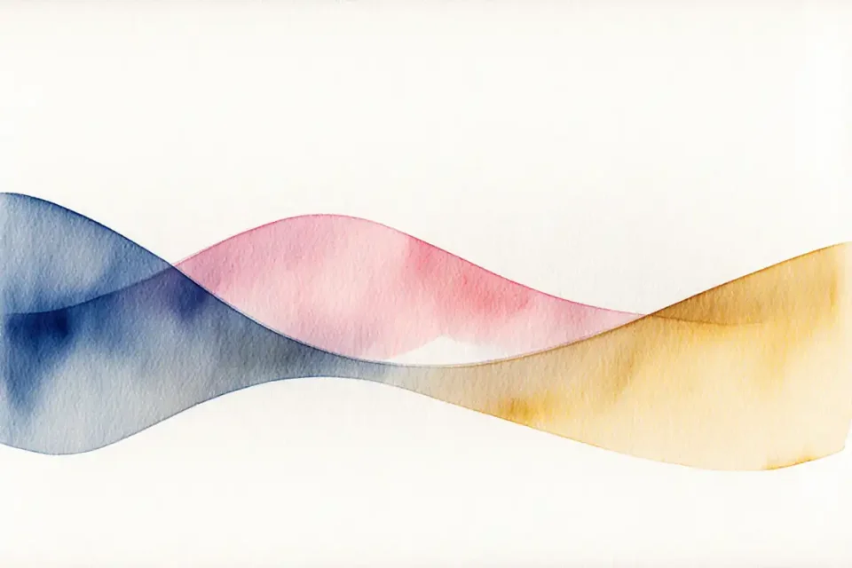Watercolor conceptual illustration showing a gentle wave of soft colors flowing from deep blue to warm pink and golden yellow, representing emotional waves and transitions, abstract and fluid shapes, no human figures, serene and hopeful mood, artistic and symbolic, soft gradients and delicate brush strokes, wide composition, dreamy and uplifting atmosphere